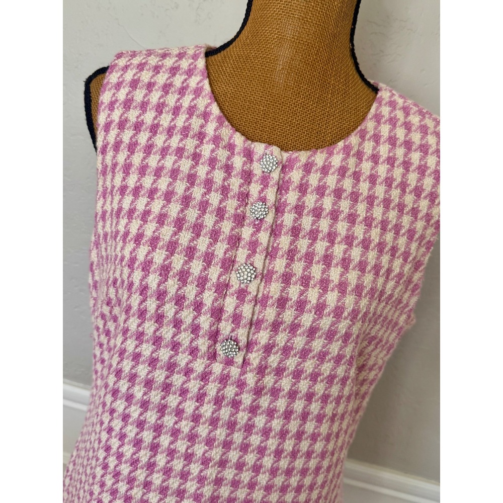 CeCe Pink White Houndstooth Tweed Sleeveless Flounce Hem Dress Size 12 - Picture 2 of 11